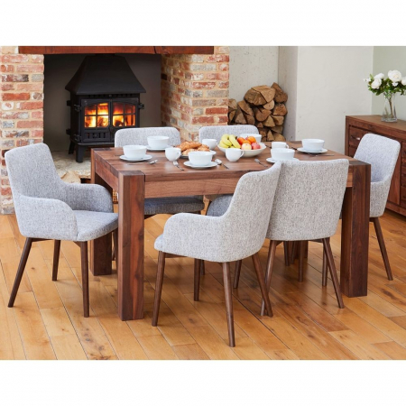 Shiro Solid Walnut Large Dining Table and Six Light Grey Chairs